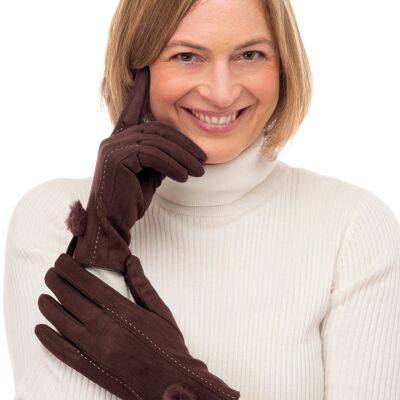 Guanto in suede Phebe FB71 - marrone scuro con touch screen e pompon in pelliccia sintetica