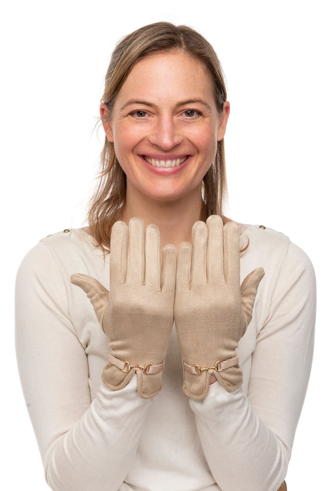 Bellina FB74 Wildlederhandschuh mit goldener Trense und Screen Touch Mokka