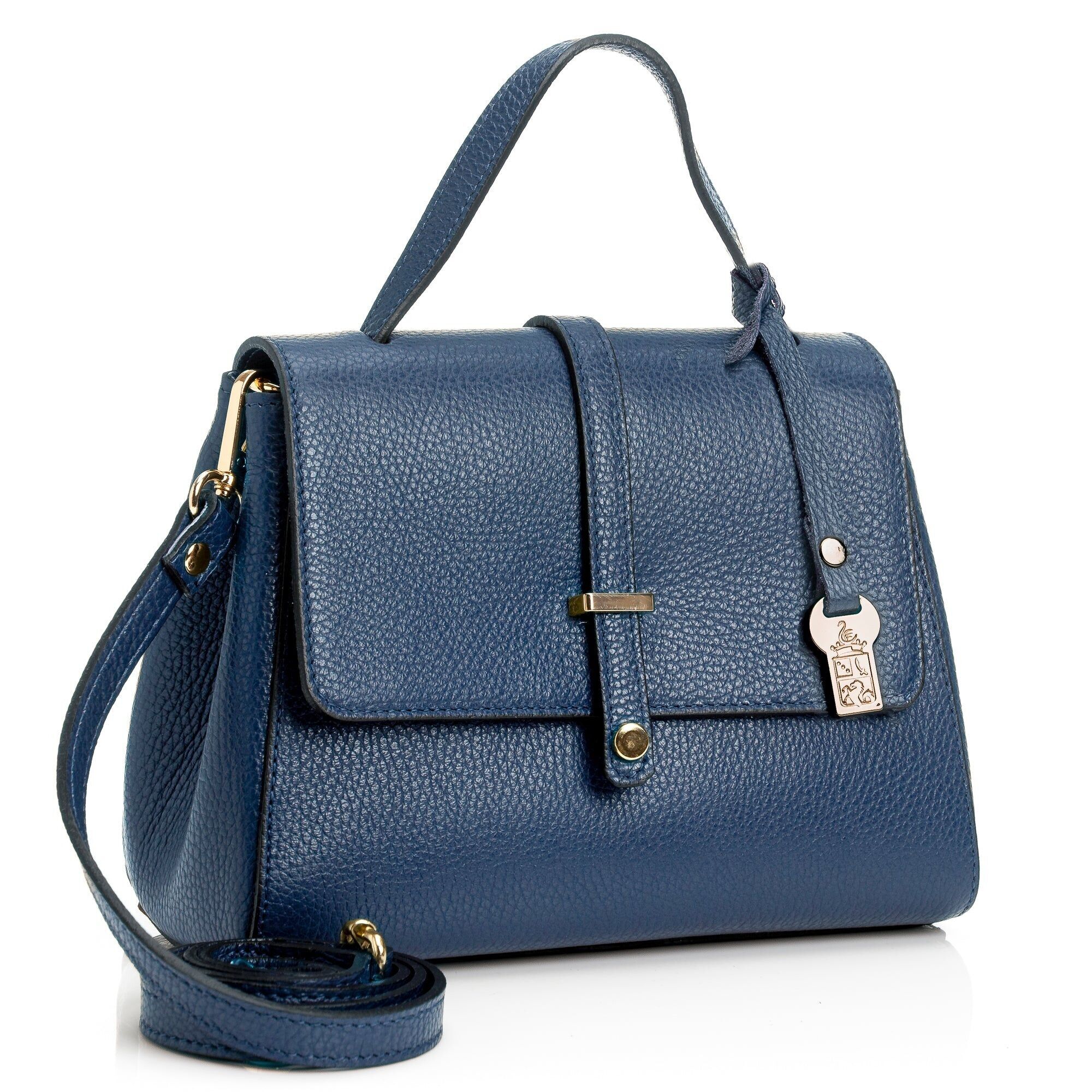 FB216 Liza Borsa a mano blu navy con patta 2/3, dettaglio linguetta e tasca posteriore - Pelle Dollaro