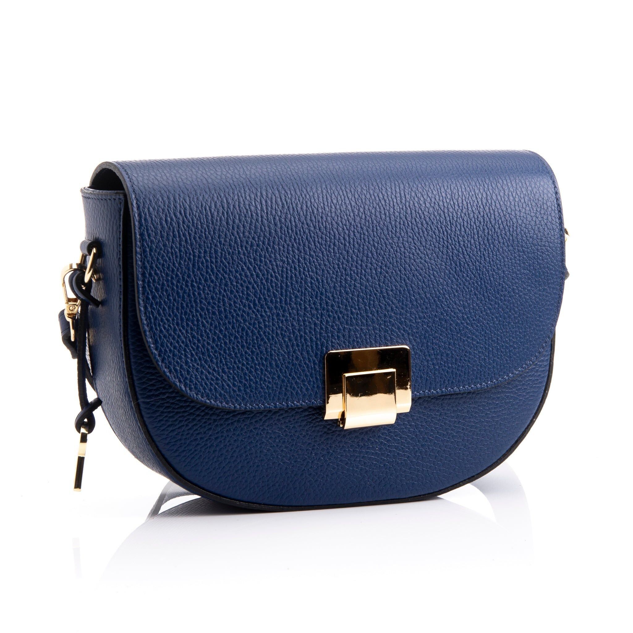 FB217 Valentina Borsa classica blu navy con patta, chiusura dorata e due cinturini - Pelle Dollaro