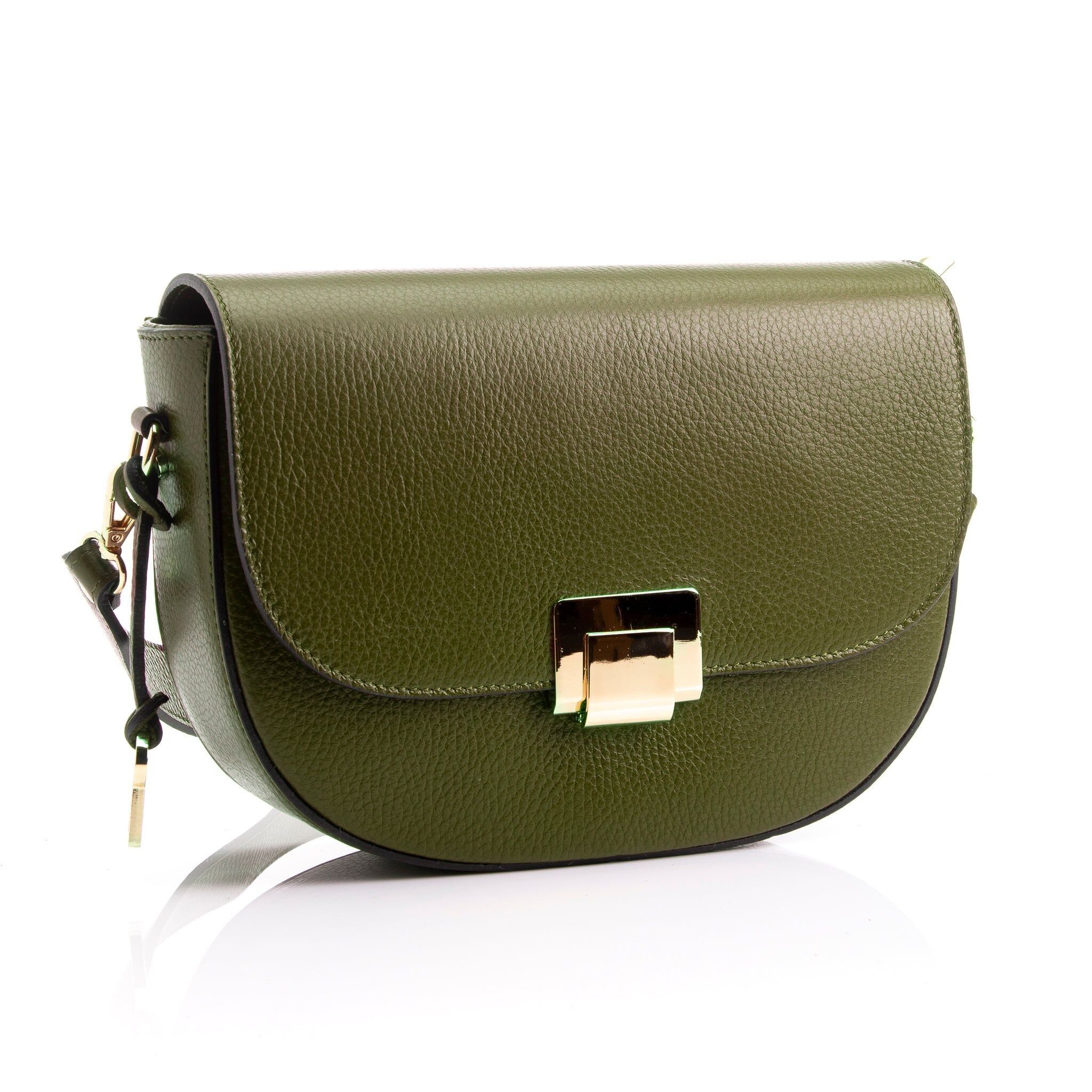 FB217 Valentina Borsa classica verde oliva con patta, chiusura dorata e due cinturini - Pelle Dollaro