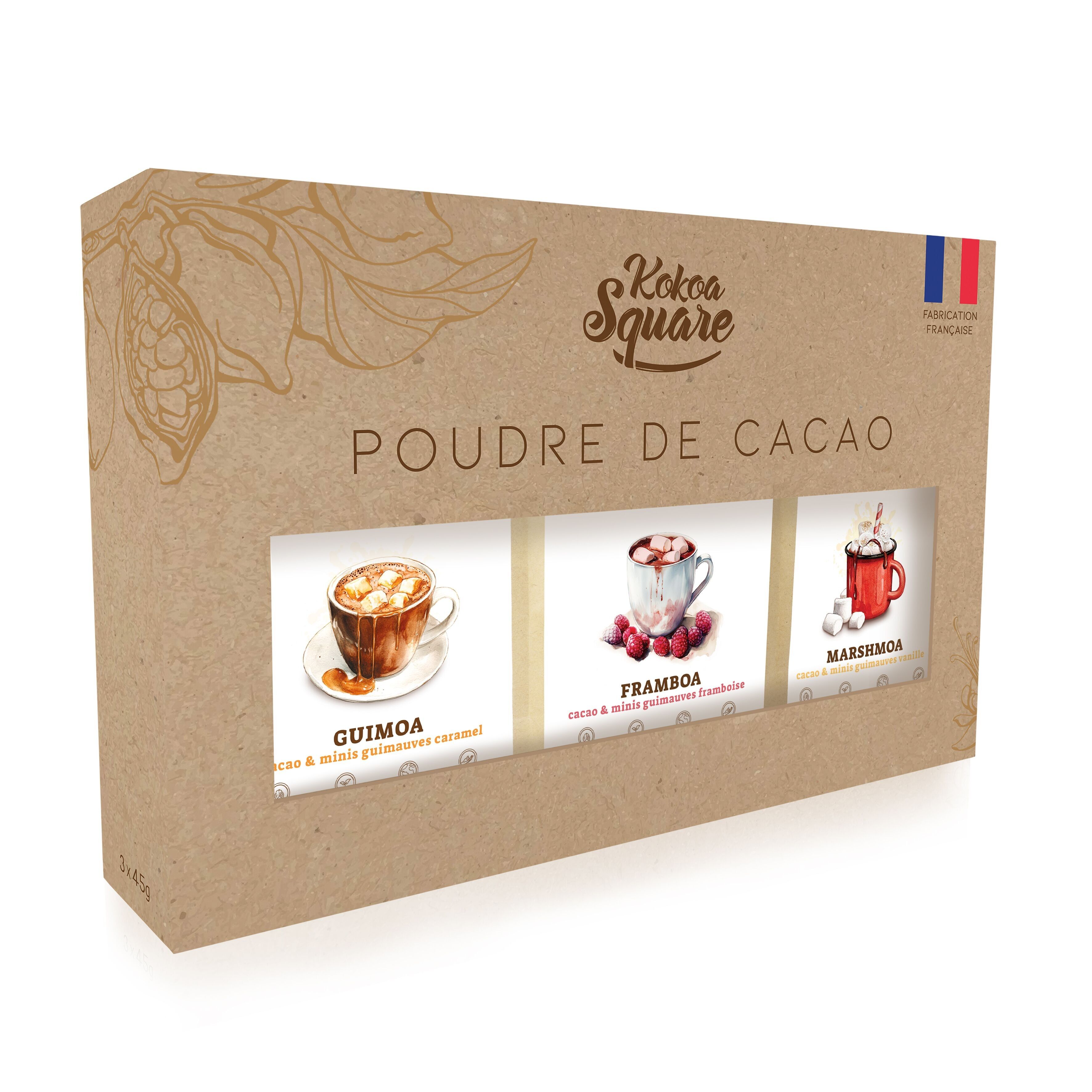 Scatola di cacao in polvere per cioccolata calda - Il trio dei marshmallow