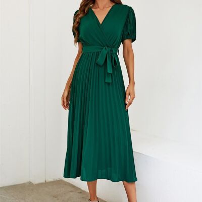 Abito midi plissettato con top avvolgente a maniche corte in verde