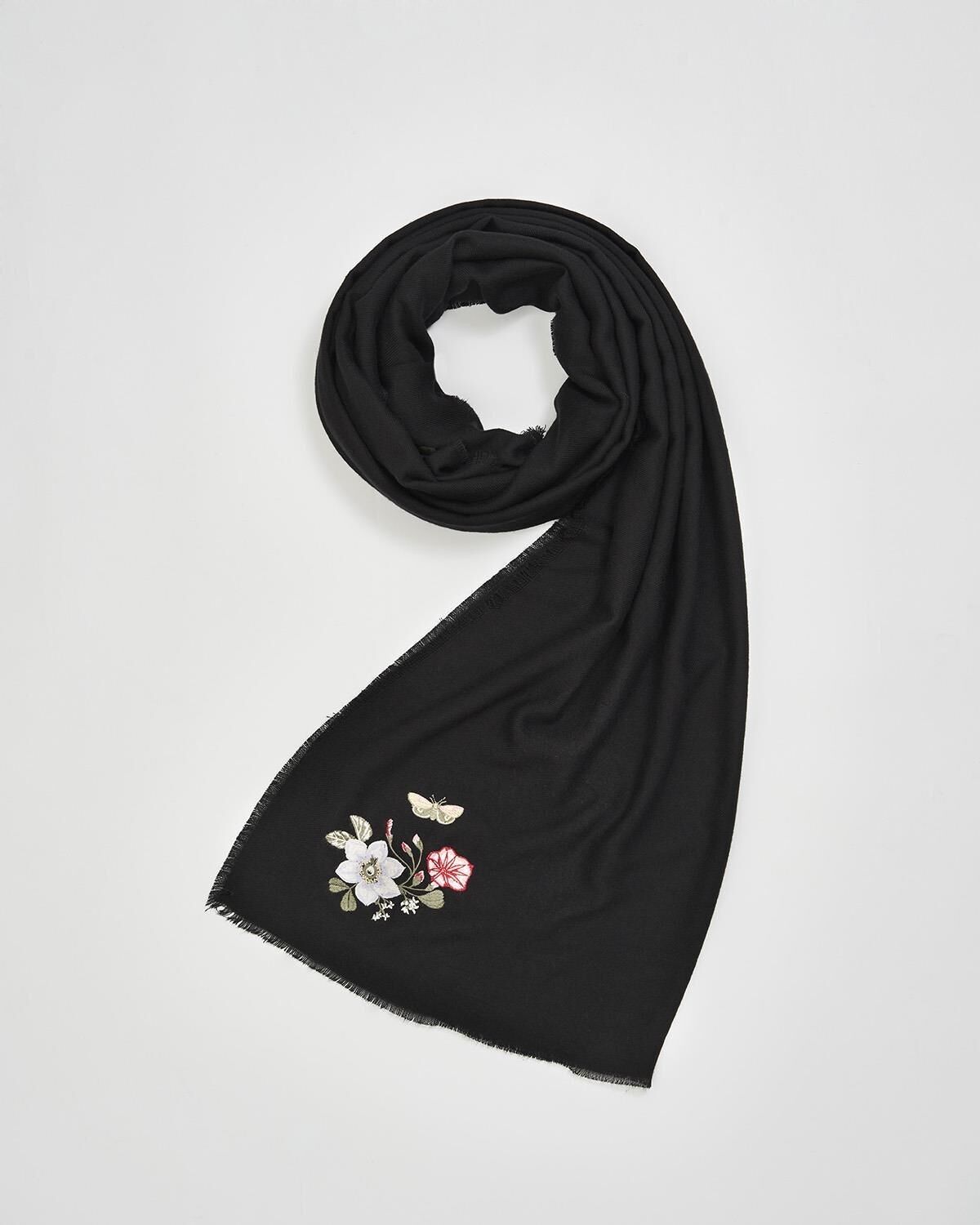 Schwarzer Pashmina-Schal mit Blumenstickerei