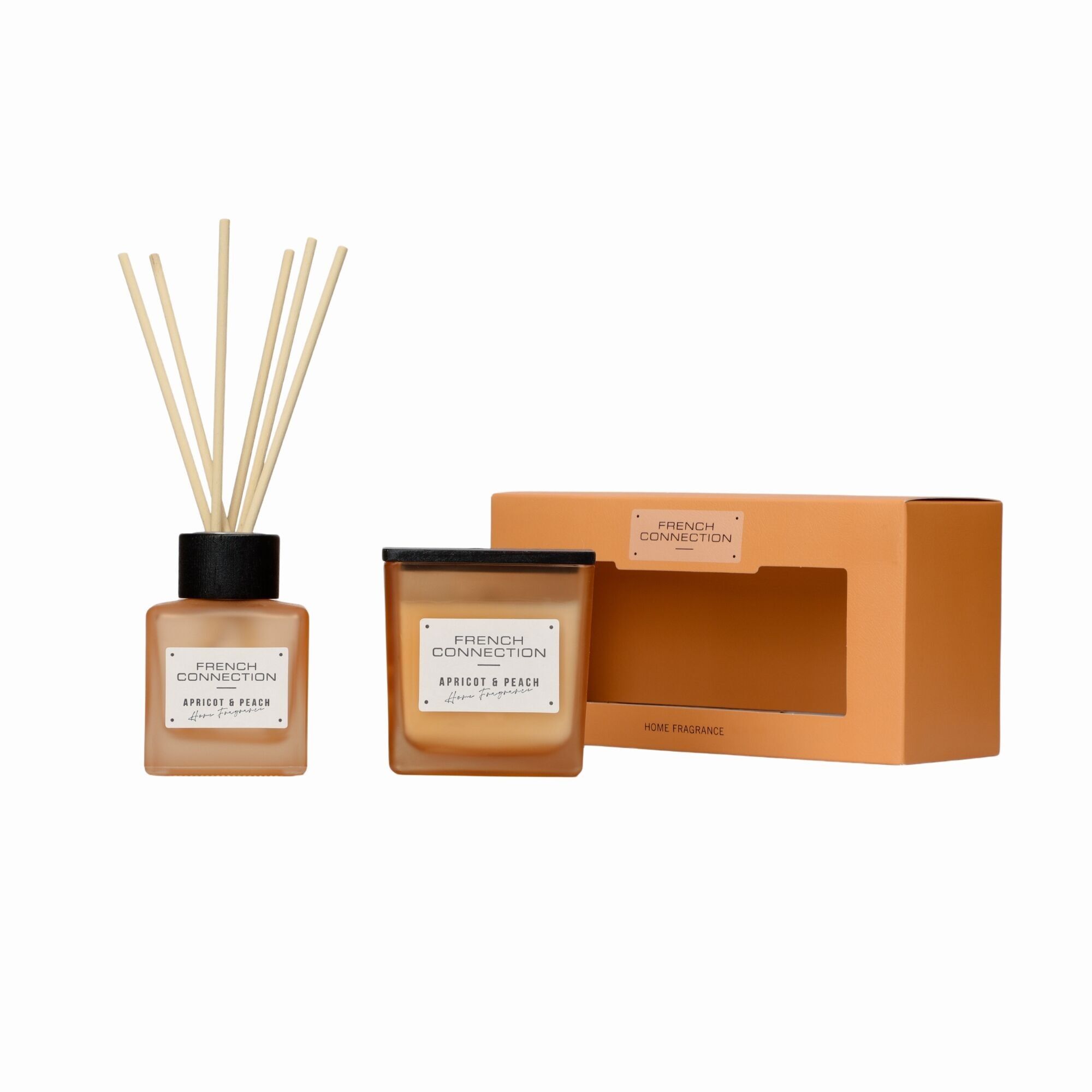 French Connection – Geschenkset „Square Range“ mit Kerze „Aprikose und Pfirsich“, 200 g, und Duftstäbchen-Diffusor, 100 ml