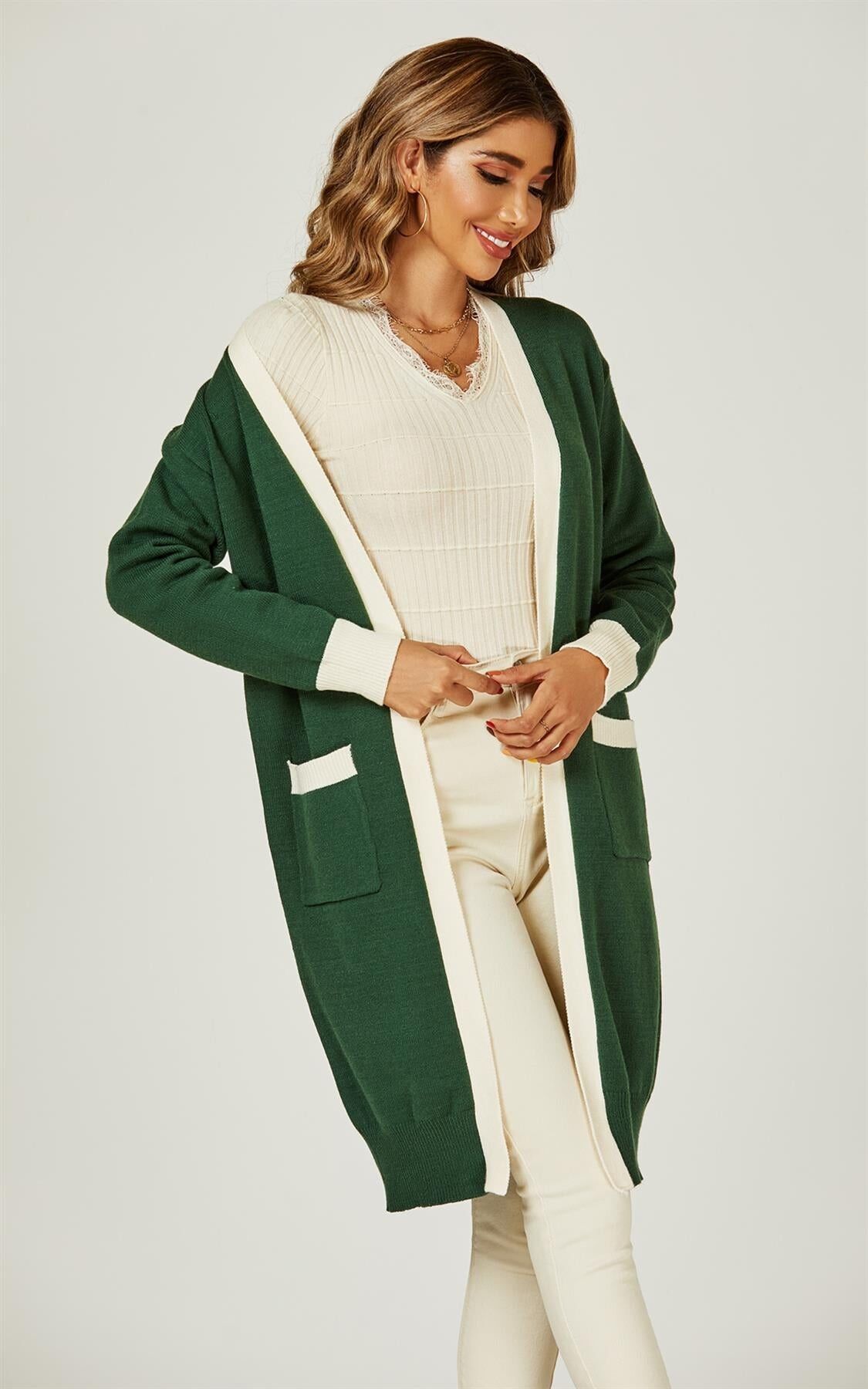 Cardigan A Righe Crema In Verde
