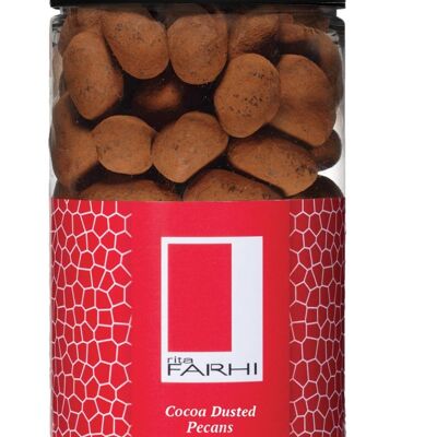 Noci pecan caramellate al cioccolato al latte belga spolverato di cacao in un barattolo regalo