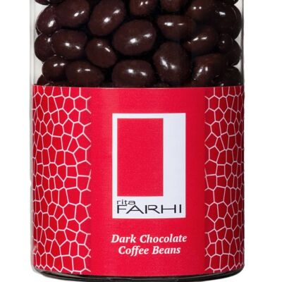 Kaffeebohnen mit dunklem Schokoladenüberzug in einem Geschenkglas