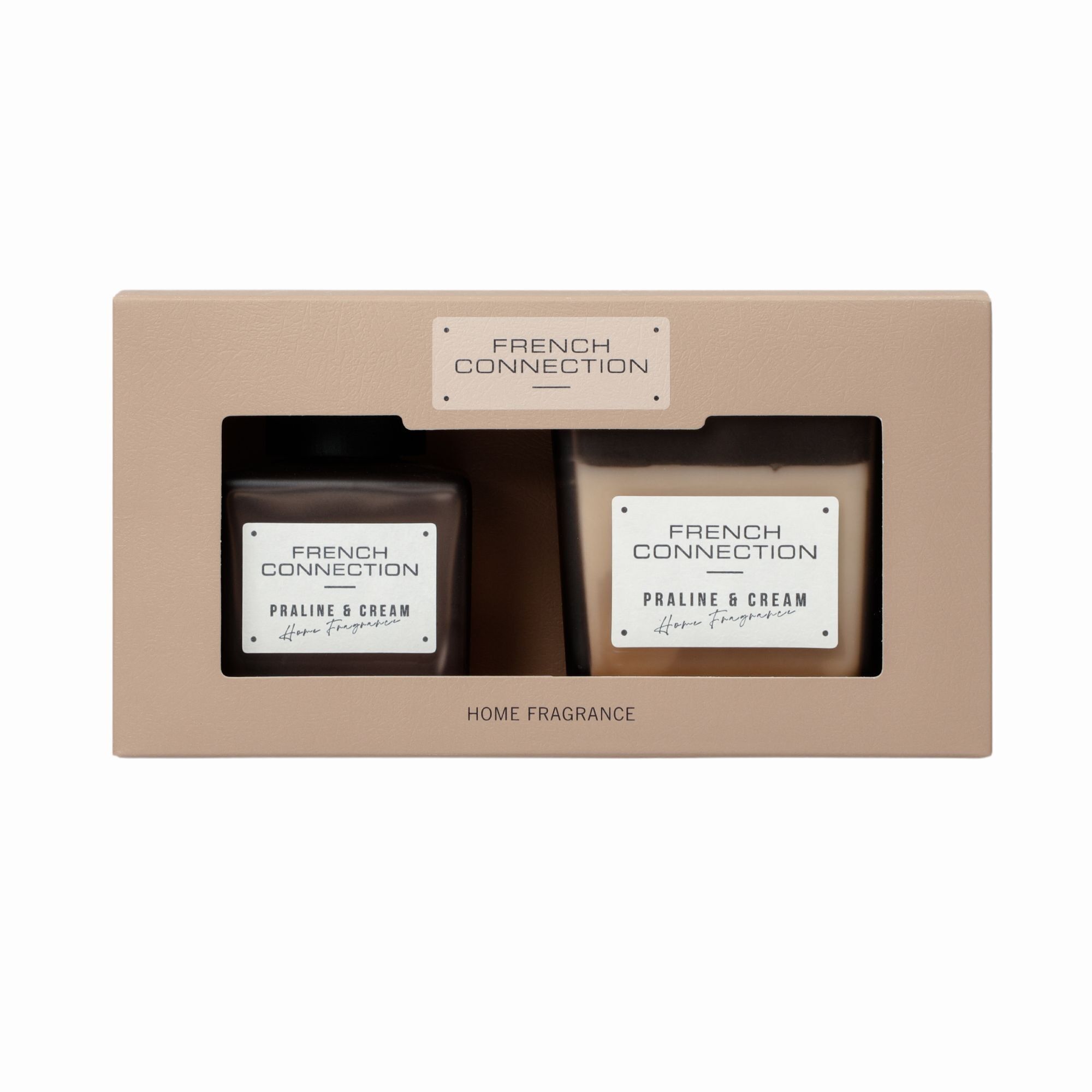French Connection Square Range Praline & Cream Geschenkset – Kerze 200 g und Duftstäbchen 100 ml
