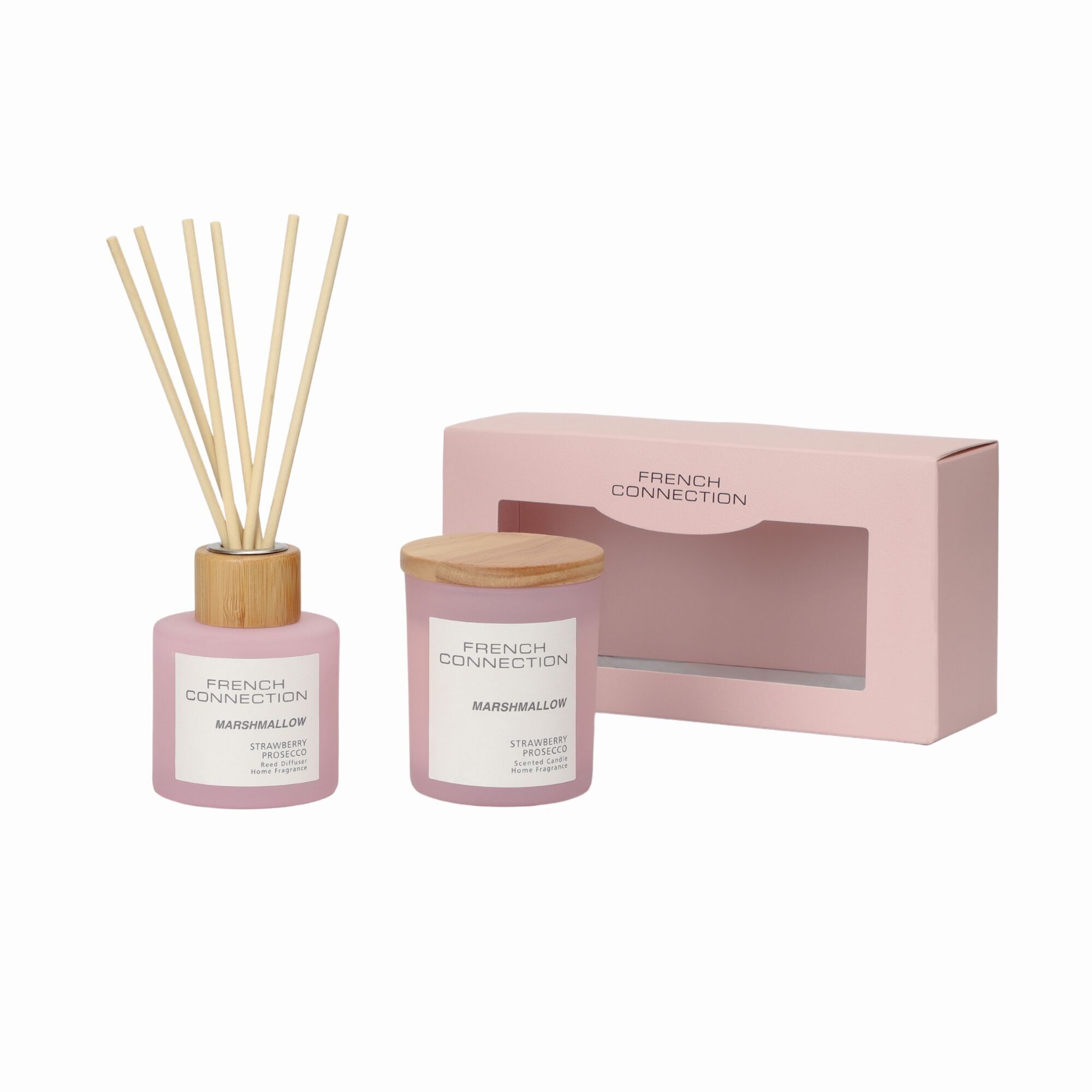 French Connection Pastel Range Strawberry Prosecco Candela 130G e Diffusore a Bastoncini 100ML Set Regalo