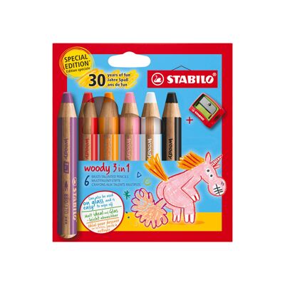 Estuche de cartón x 6 lápices STABILO woody 3 en 1 multitalento Edición "30 años de diversión" - Unicornio + 1 sacapuntas