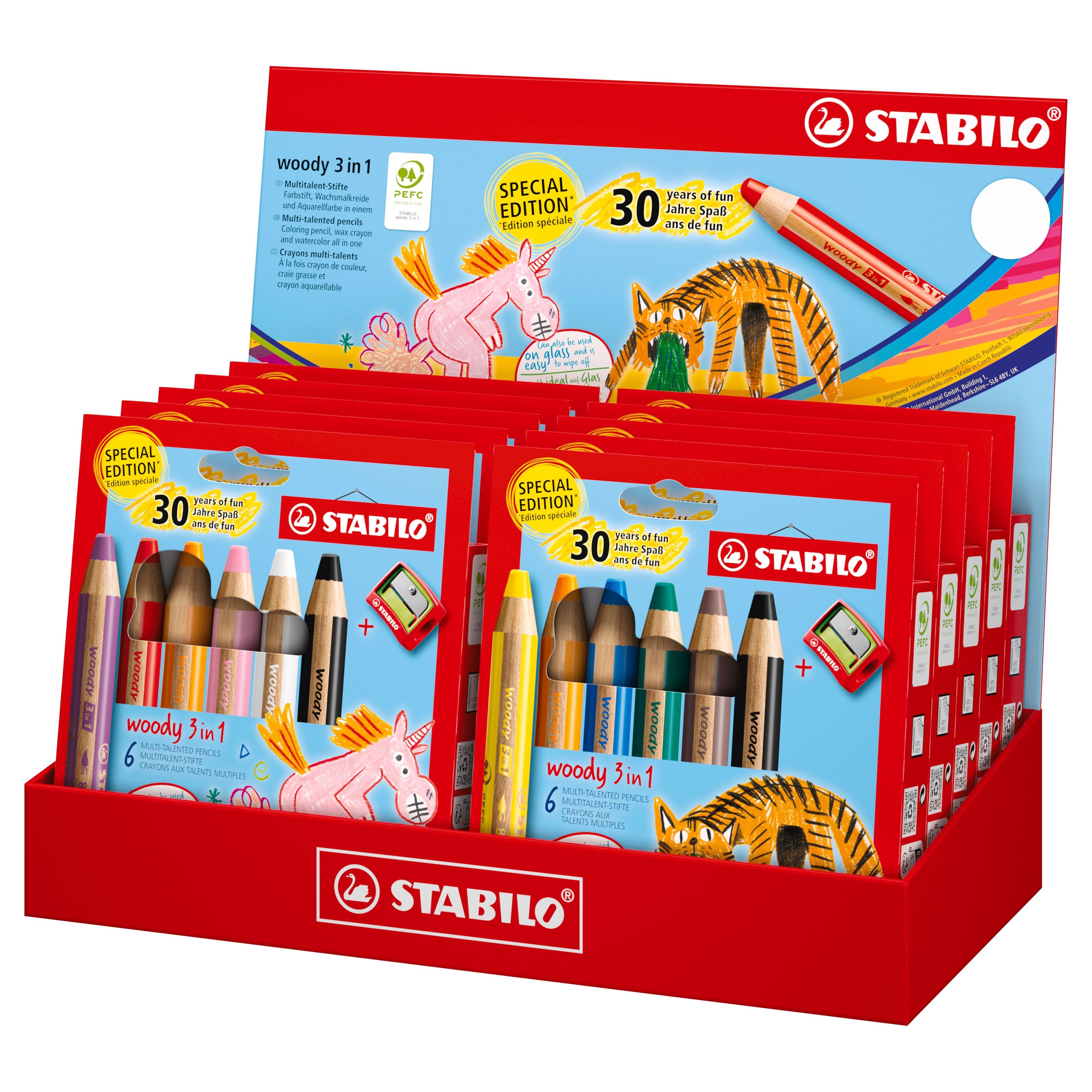 Espositore astucci da 10 matite in cartone x6 STABILO woody 3 in 1 Edizione "30 anni di divertimento" - Tigre e Unicorno