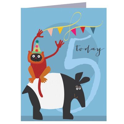 TNA05 Mini carte d'anniversaire Tapir et Lémurien pour 5 ans