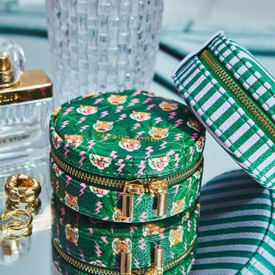 Green Palm Tiger Round Jewellery Case