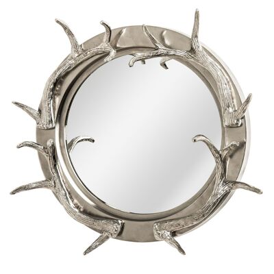 Miroir mural en acier et finition nickel avec bois de cerf