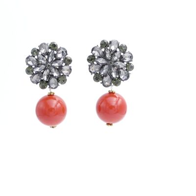 Anastacia Earring Clip Flower Crystal Grey with Red-Orange Pearl