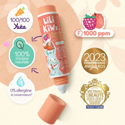 Pasta dental orgánica con flúor de frambuesa y lichi – Ingredientes 100 % naturales – Sin alérgenos, conservantes ni colorantes – Anticaries (1-12 años)