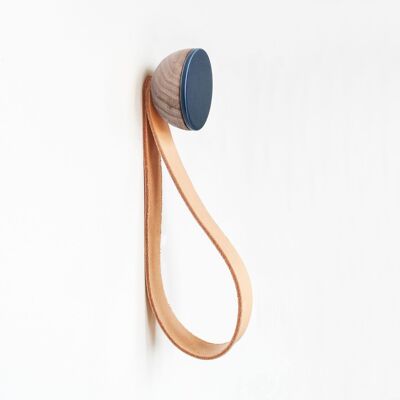 Porte-manteau mural rond en bois de hêtre et céramique avec lanière en cuir - Sable blanc