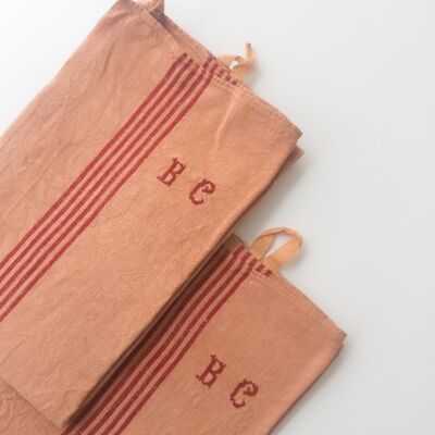 Strofinaccio vintage a righe - monogramma BC - terracotta