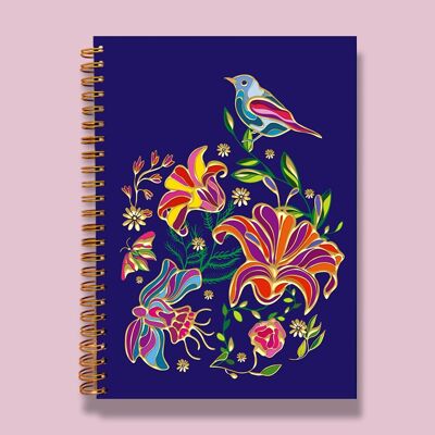Quaderno A5 con uccelli floreali in lamina d'oro