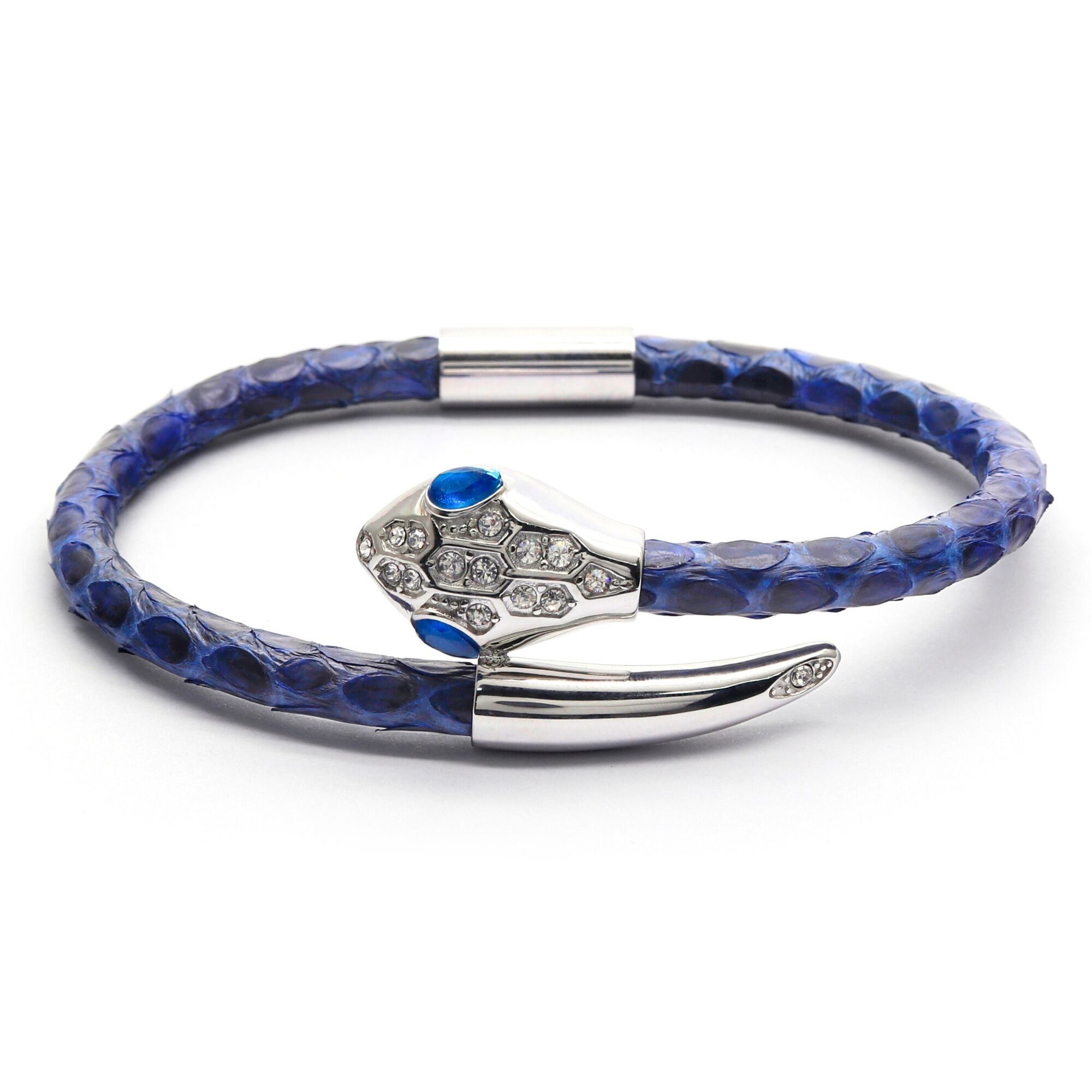 Bracelet Tête de Serpent - Cuir Bleu avec Zircon