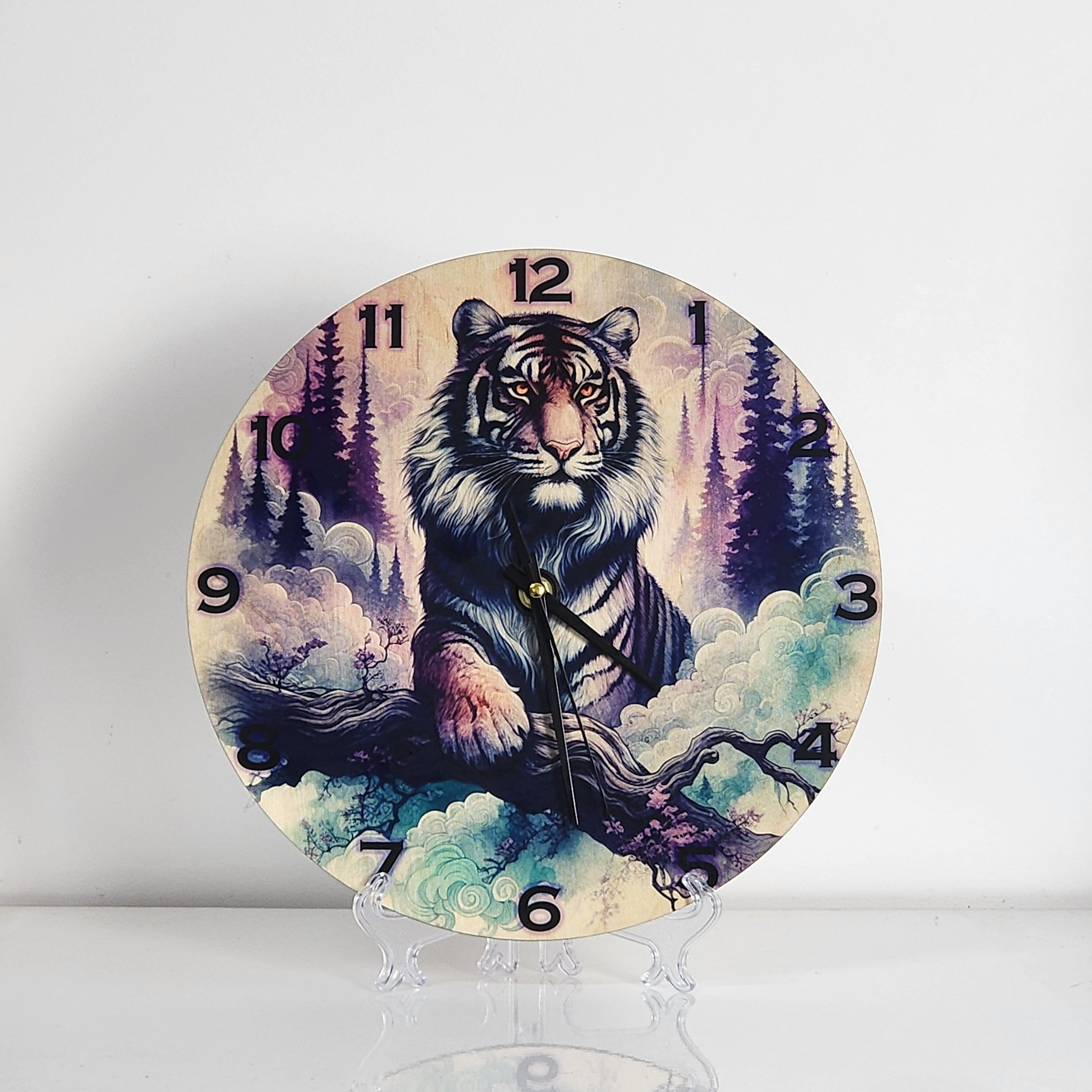 Horloge Murale en Bois - Tigre Blanc Mystique Majestueux