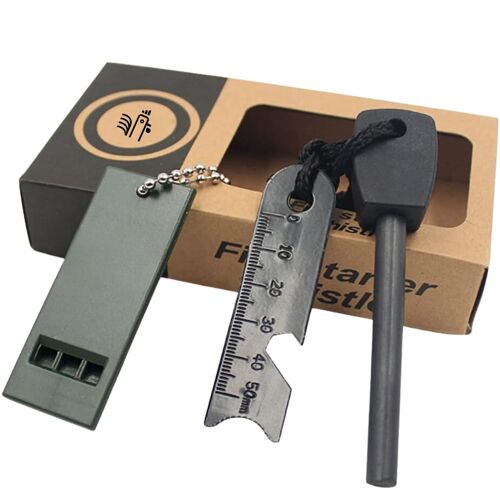 KIKIRIKIT - Kit Encendedor magnesio - Kit de Supervivencia al Aire Libre con Varilla de pedernal, Silbato, raspador, Regla, abrebotellas, Llave Hexagonal - Regalo Original - Regalo Camper
