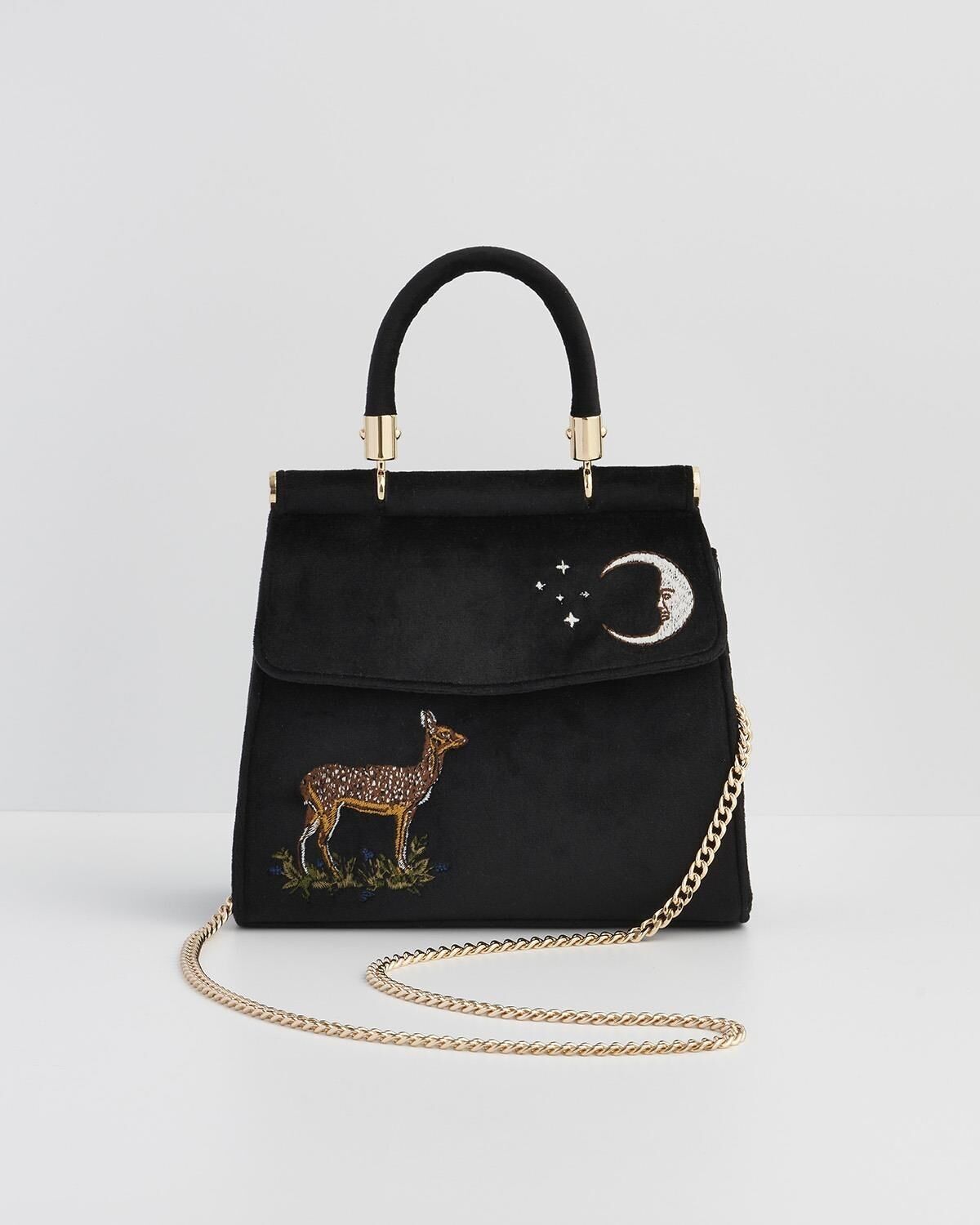 Borsa tote in velluto nero ricamata Deer & Moon