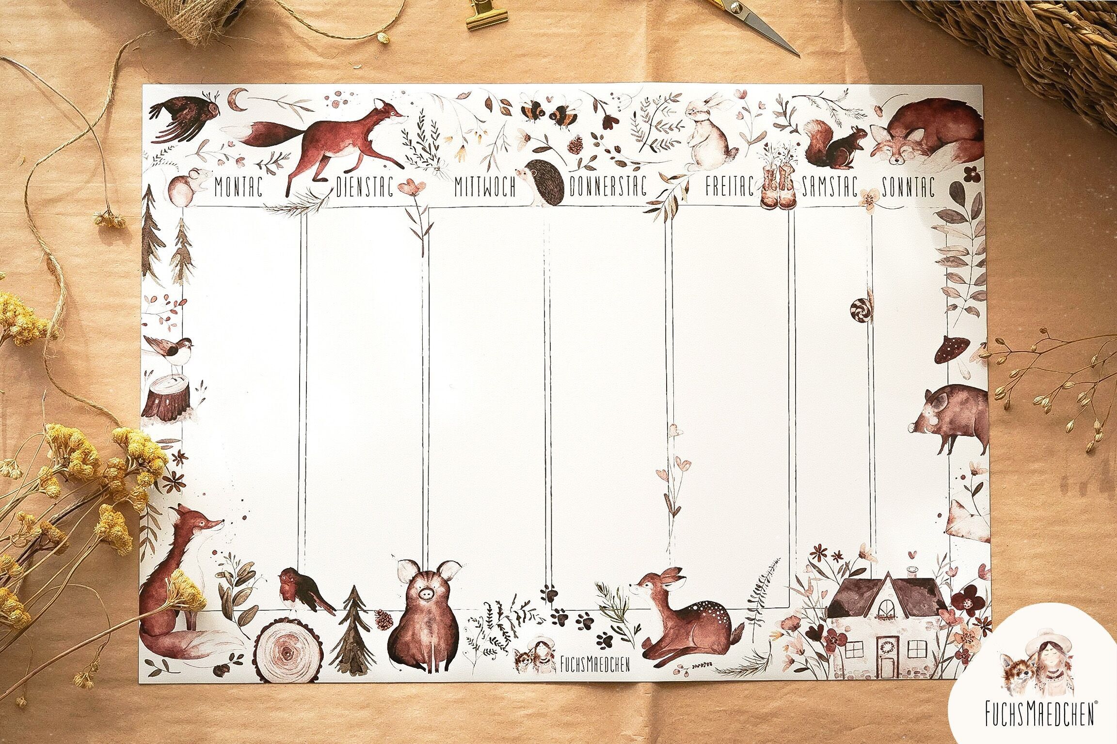 Wochenplaner Magnetfolie DIN A3 -Waldtiere- mit abwischbarem Stift