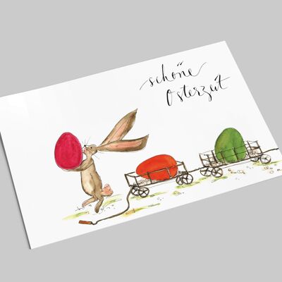 Easter card | Happy Easter | little bunny with handcart and colorful eggs | Easter greeting card