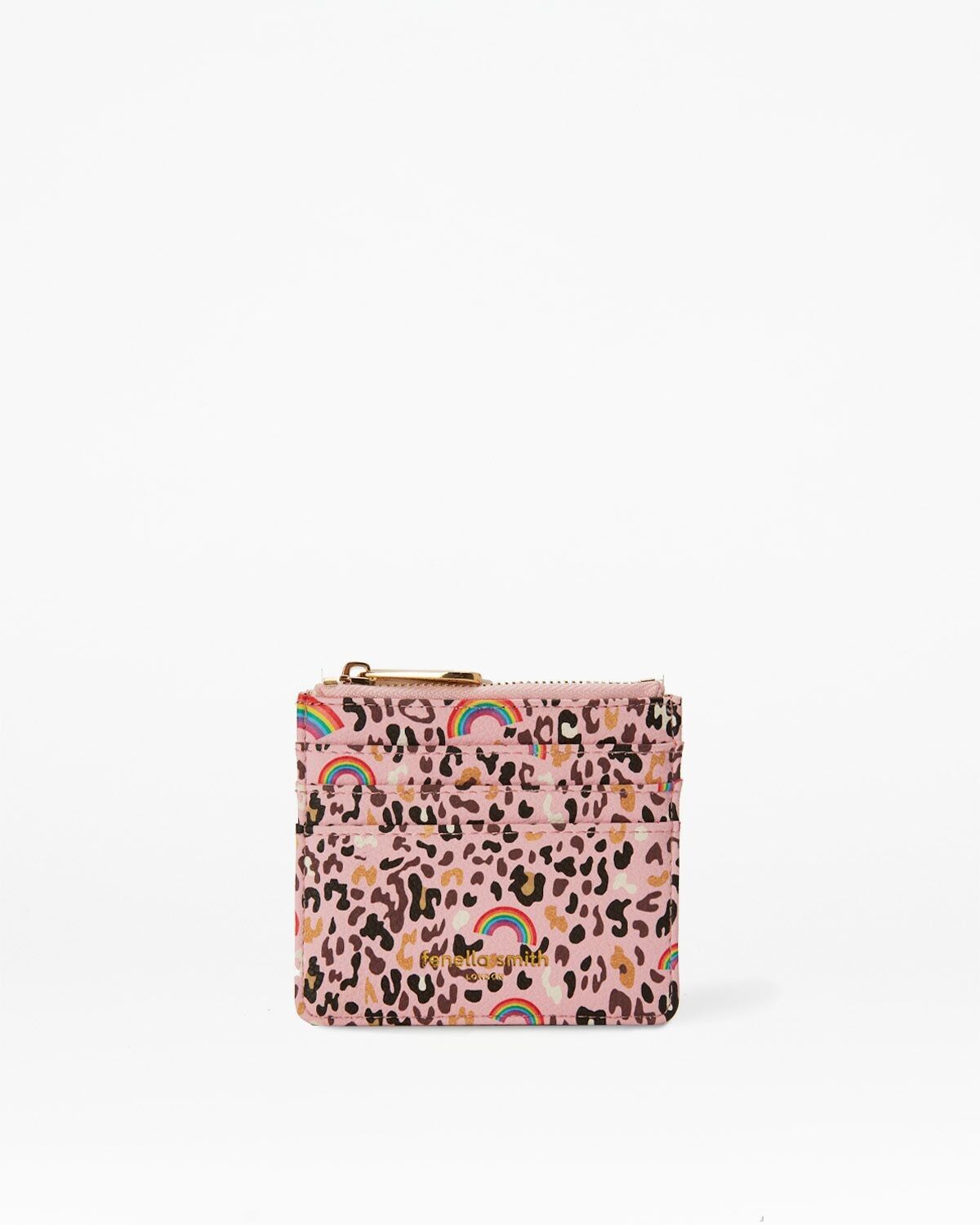 Portamonete con stampa leopardata rosa e margherite arcobaleno