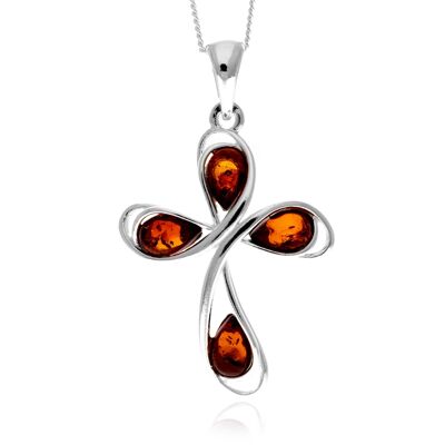 Ciondolo moderno a croce in argento sterling 925 e ambra baltica autentica - GL2074