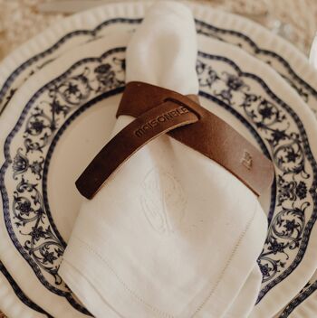 Les ronds de serviette en cuir naturel de couleur marron selle font la différence sur la table. Il permet à chaque convive d'identifier sa serviette. Vendu par lot de 6. Modèle Oslo. 1