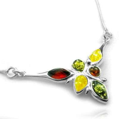 925 Sterling Silver & Genuine Baltic Amber Multi Stones Modern Necklace - 6122