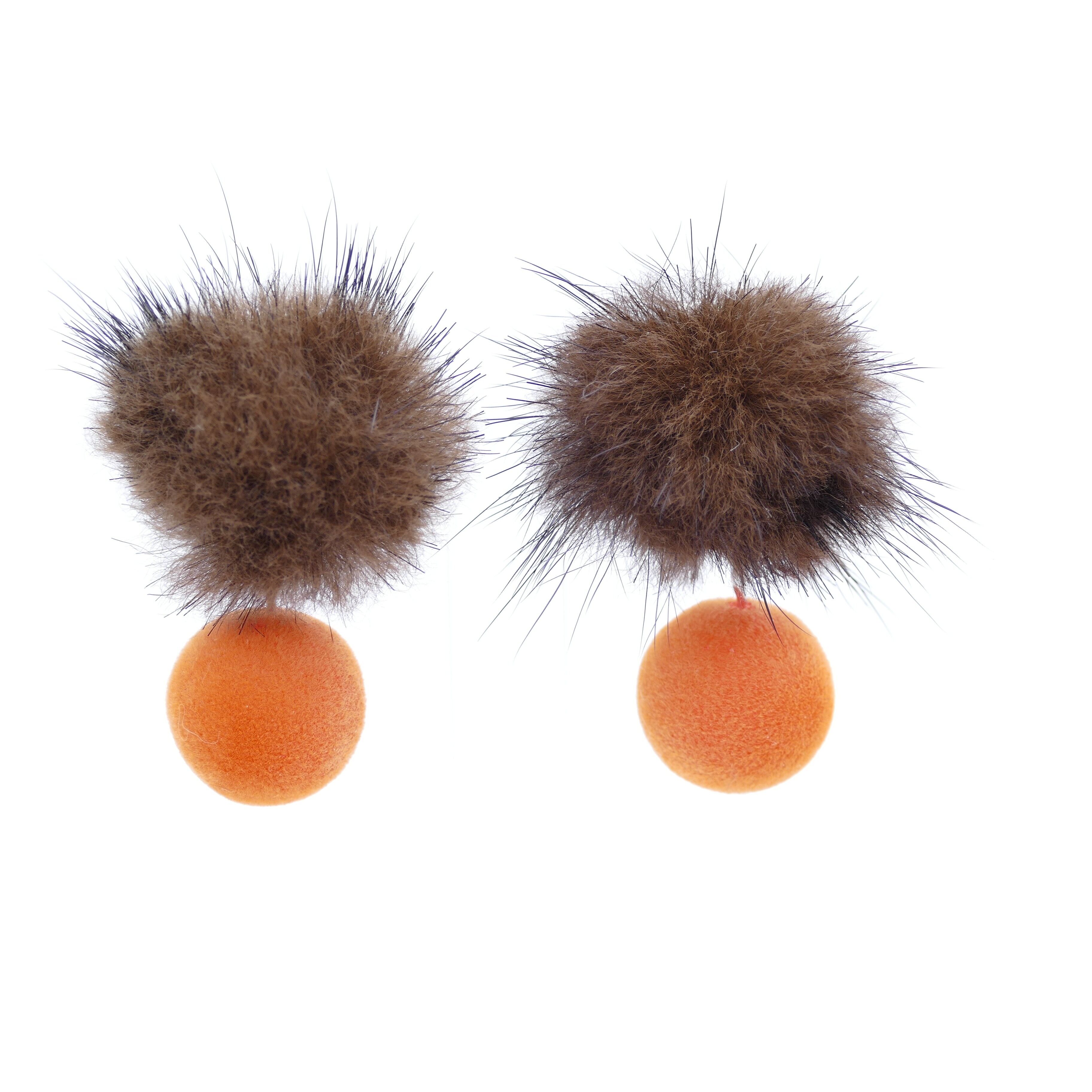 Fell Pelz Ohrclips Pedrita , Leicht Ohrring Mit Orange, Gelbe, Braun Bommel