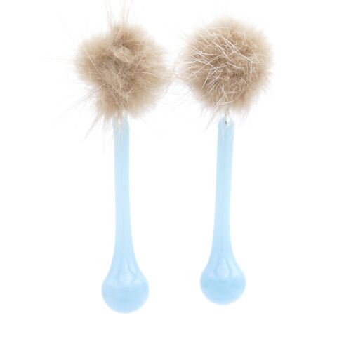 Lange Ohrclips In Blau Farbe Mit Beige Fell Pelz