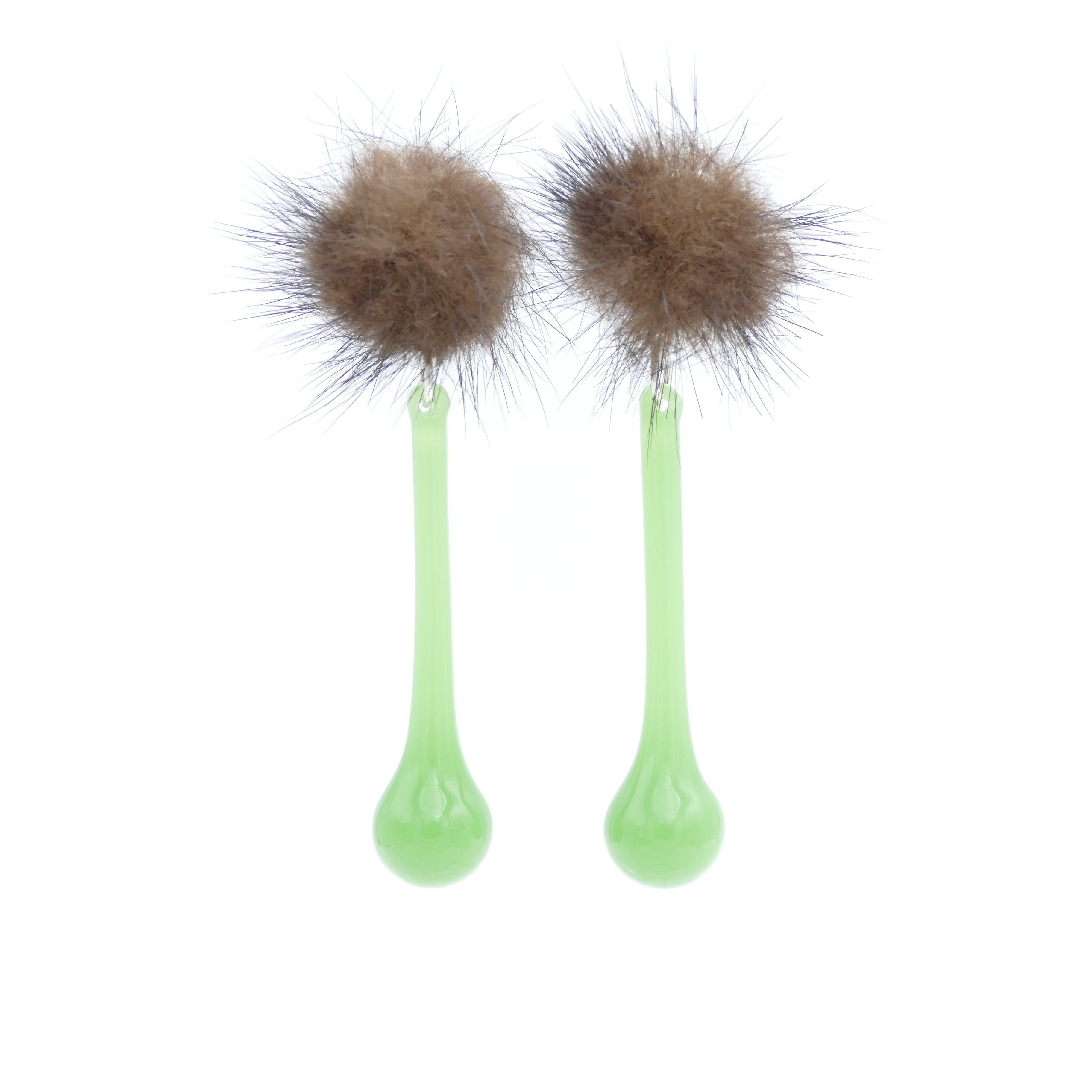 Orecchini Lunghi Moderni Orecchini A Clip In Vetro Di Murano Di Colore Verde Con Pelliccia