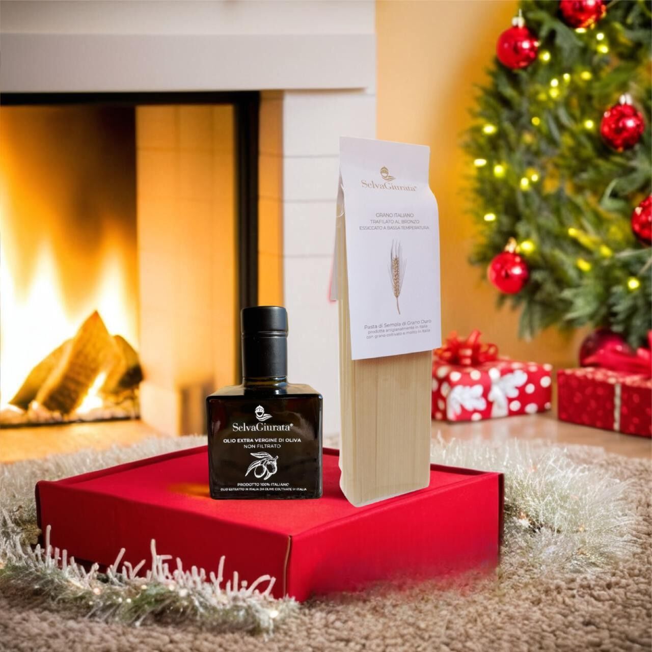 Kleine Schachtel natives Olivenöl extra und Pasta