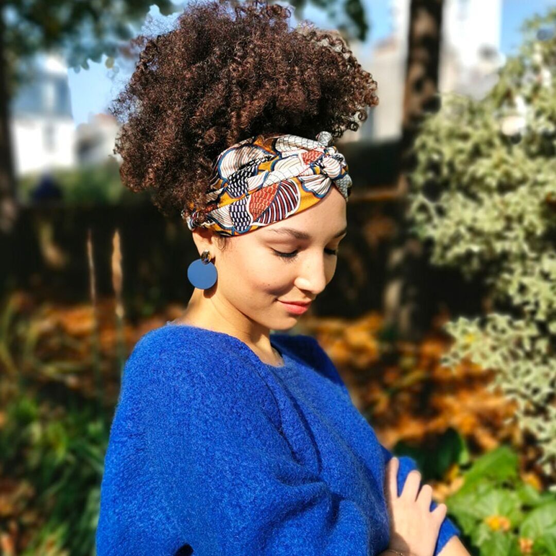 Headband ZÉLIE / polyester esprit wax, imprimé ocre et bleu