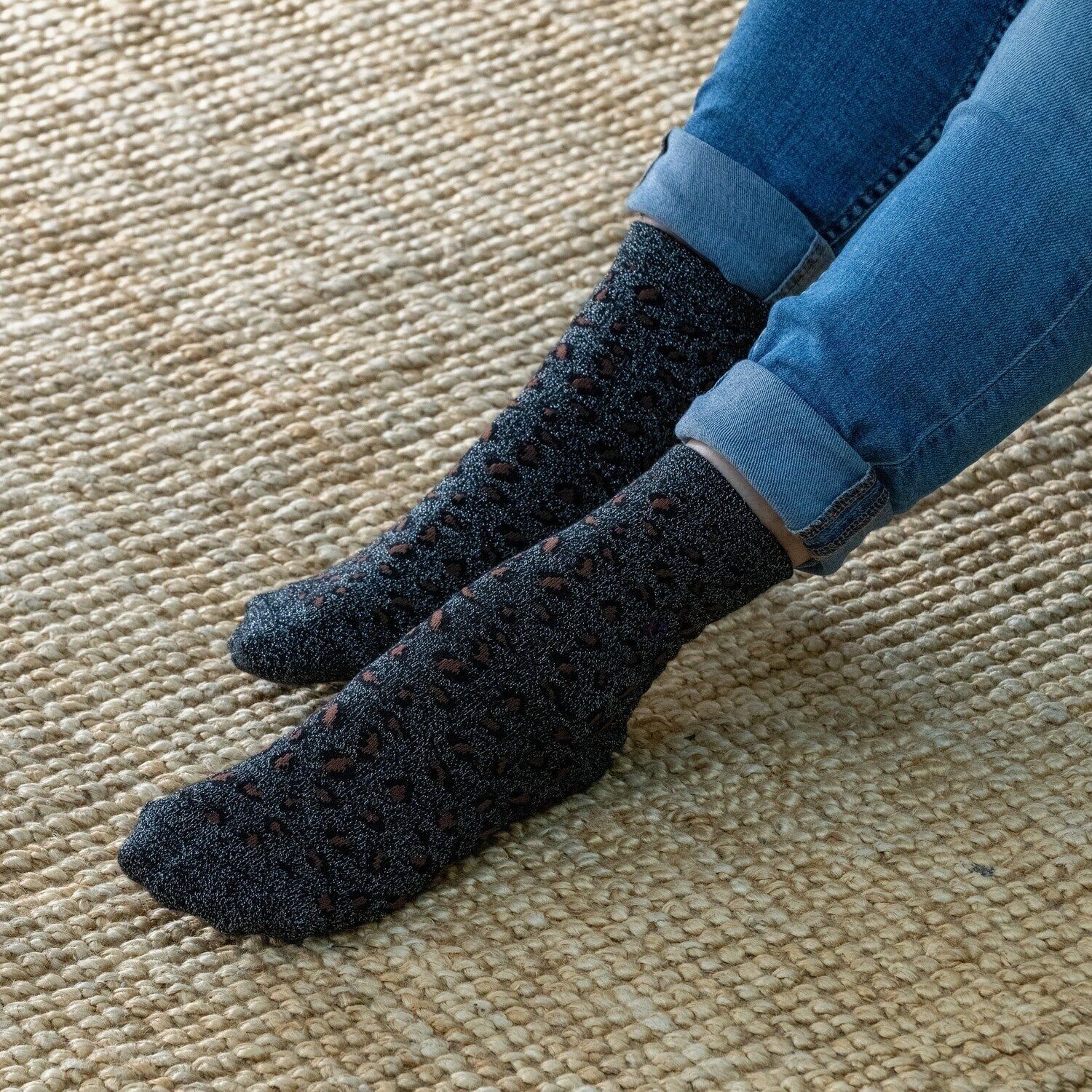 Calzini glitterati in cotone pettinato Leopardo - Nero