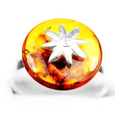 925 Sterling Silver & Genuine Cognac Baltic Amber Unique Exclusive Size Ring - RG0395