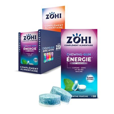ZOHI Sugar-free chewing gum with active ingredients - Energy Boost - Fresh mint flavor - Food supplement with sweeteners - packs of 10 chewing gums