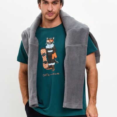 Maglietta stampata blu SNOWBOARD CAT