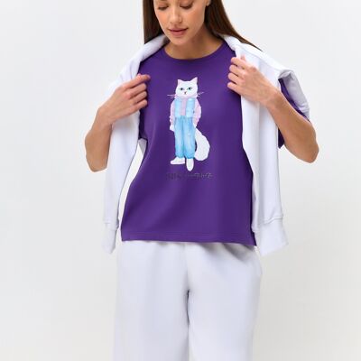 Camiseta estampada morada WALKING CAT