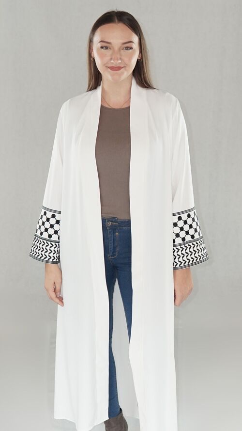 Abaya Weiß | Palästina Design | Kleidung im Kimono-Stil | Kaftan Robe | Kuffiyeh Muster | Palestine Abaya