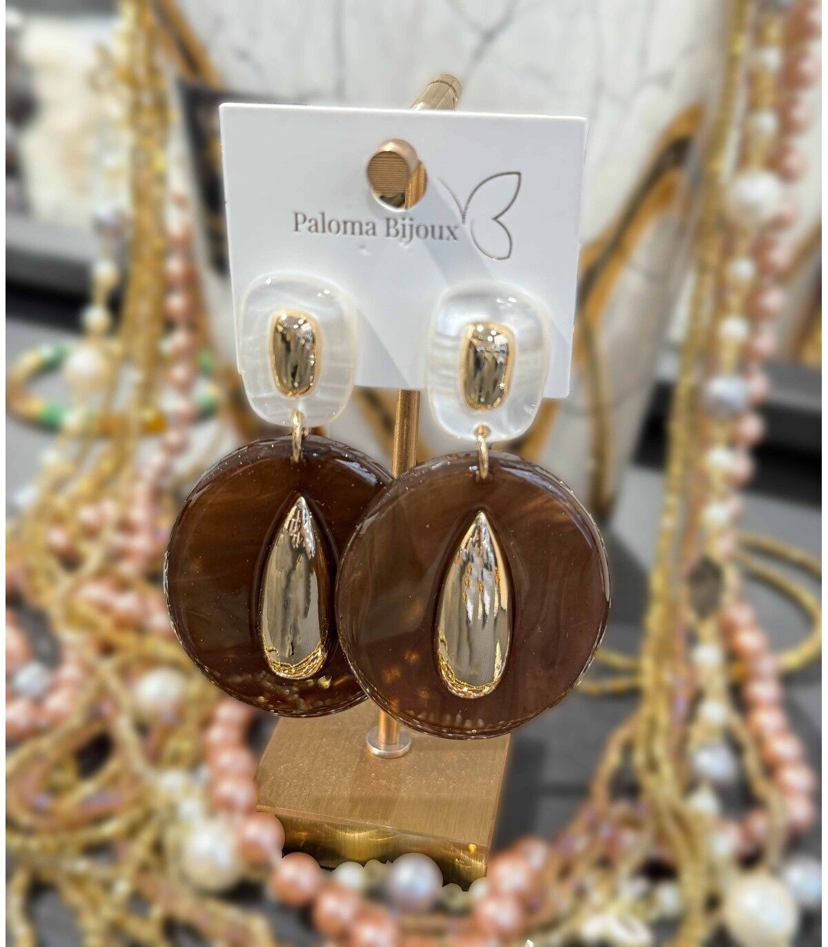 Orecchini in acrilico - Bianco, marrone perlato e acciaio