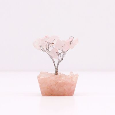 Mini alberi di pietre preziose su base di orgonite - Quarzo rosa (15 pietre)