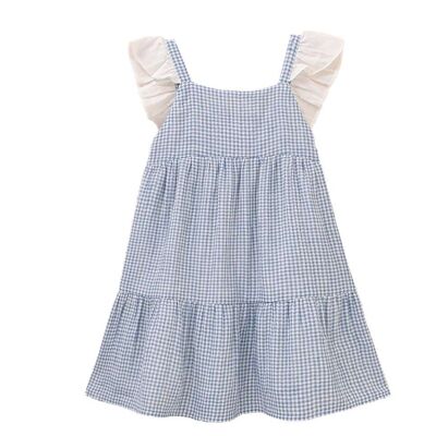 Abito da bambina in vichy blu e bianco con volant a contrasto