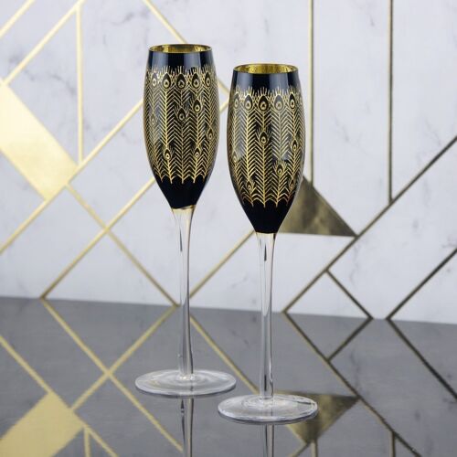 Set of 2 Midnight Peacock Champagne Flutes