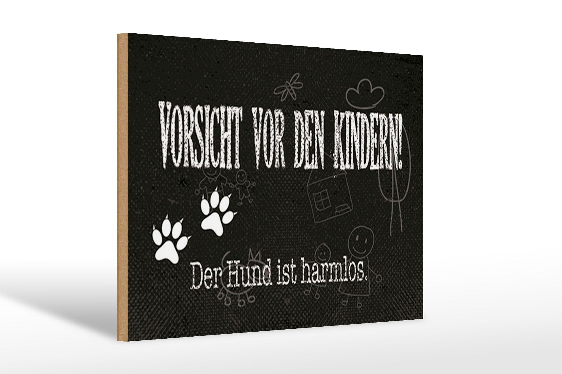 Cartello in legno con scritta "Attenzione bambini cane innocuo" 12x18 cm